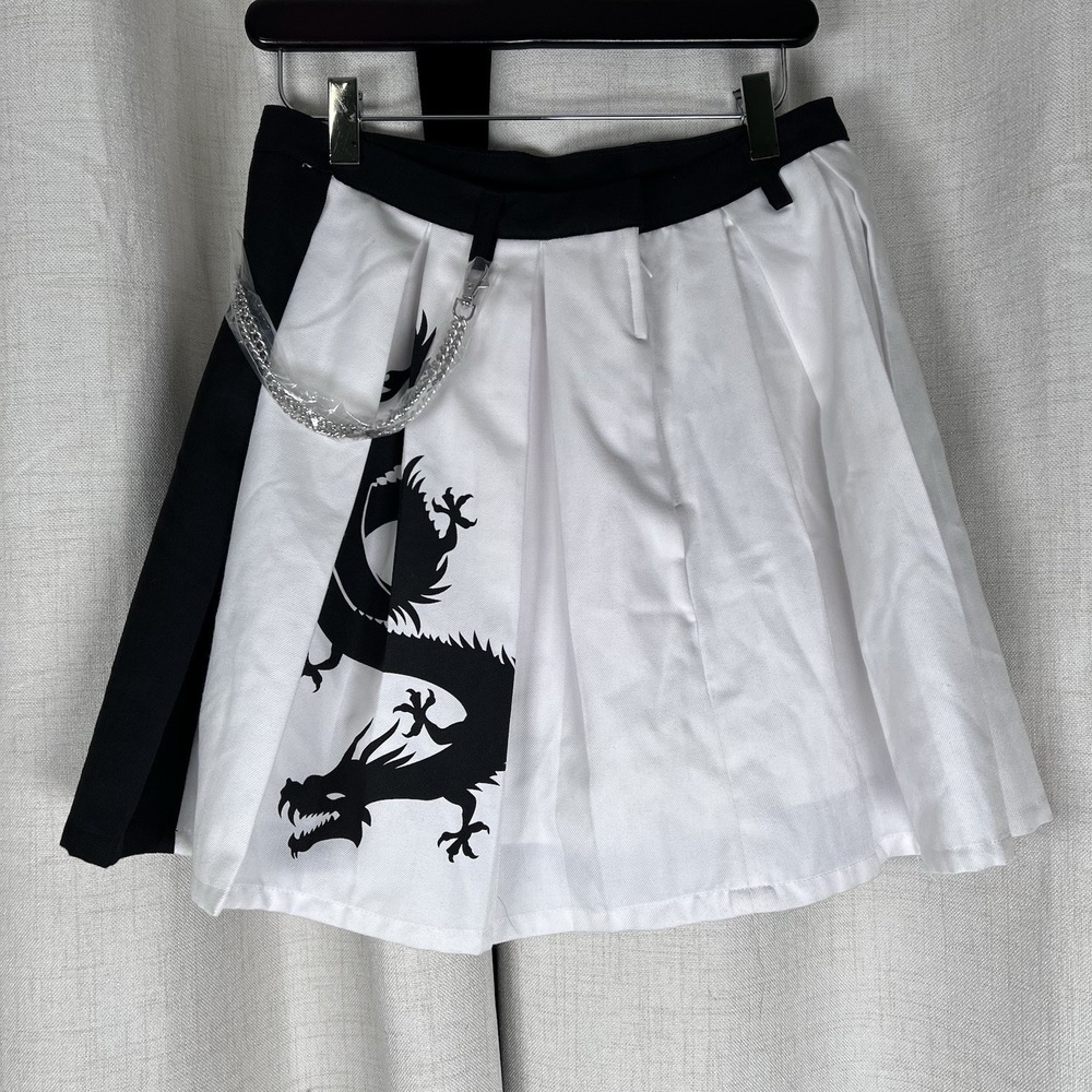 New! Hot Topic Gothic Dragon Chain Pleated Mini Skirt Split Black White Medium
